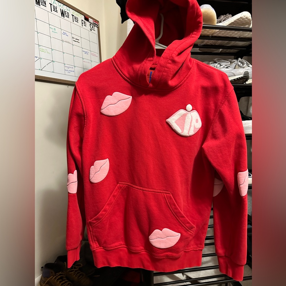 Red Hoodie with Pink Lips Design